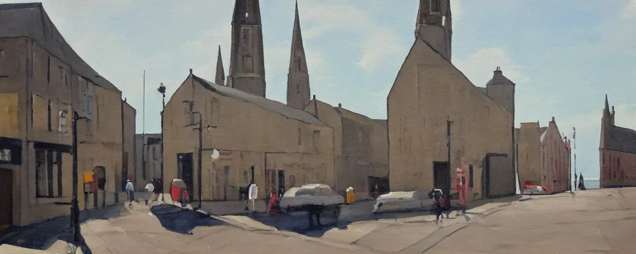 Prompt: a painting of street life in kirkwall orkney, calm, serene, placid, light