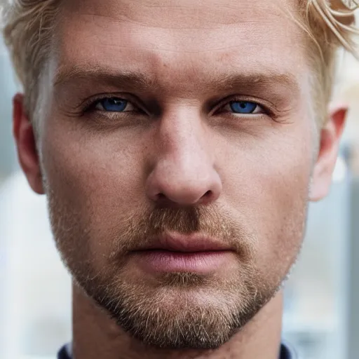 Image similar to close up of face of good looking 4 0 year old anglo slavic blond man with blond stubble, very short wavy blond hair in a short pompadour style, very dark blue eyes, portrait, 4 k