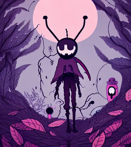 Image similar to portrait, nightmare anomalies, leaves with hollow knight by miyazaki, violet and pink and white palette, illustration, kenneth blom, mental alchemy, james jean, pablo amaringo, naudline pierre, contemporary art, hyper detailed