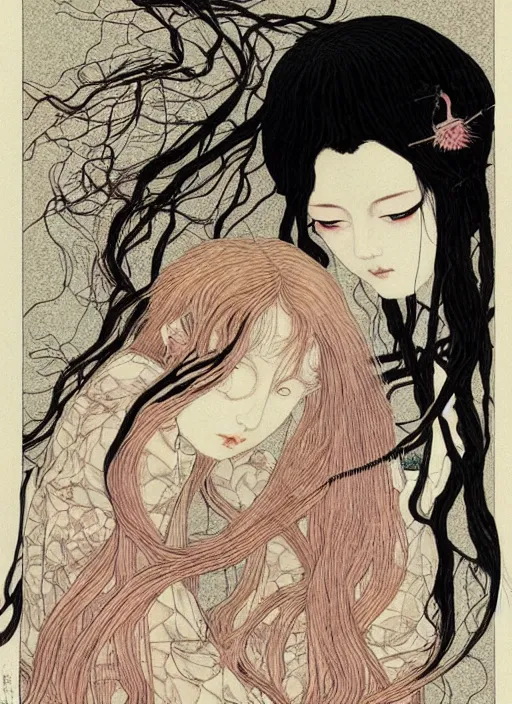 Image similar to pop surrealism, muted colors seductive female, long hair, art by takato yamamoto, trevor brown