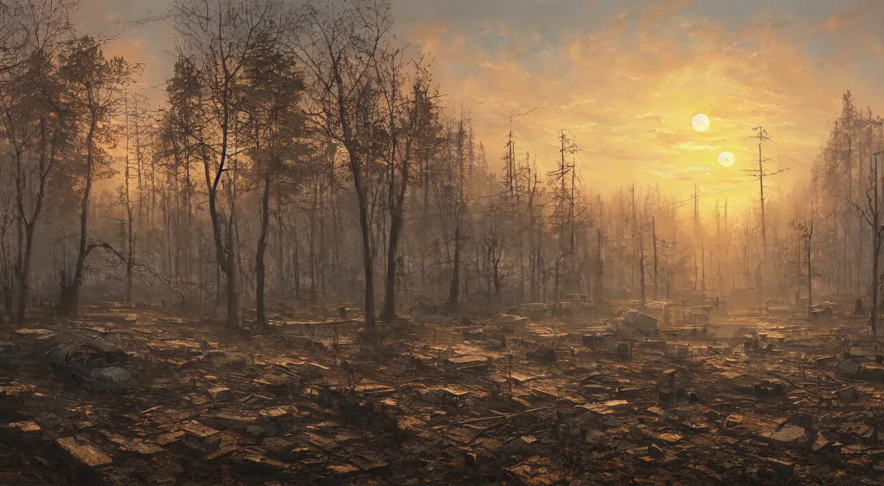 Prompt: a Stunning oil painting of Pripyat by gerg rutkowski,sunset,hyper detailed,Super realistic,Masterpieces,8K Resolution