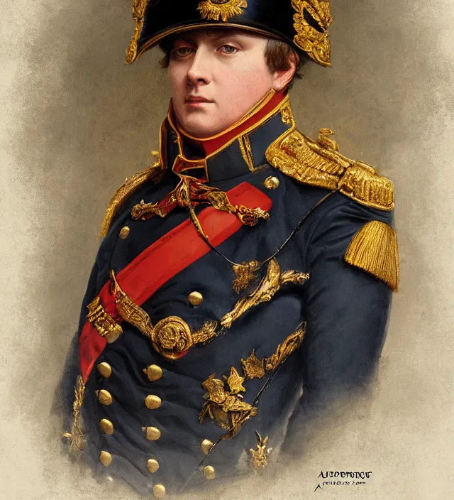 Image similar to portrait of emperor napoleon wearing a traditional nineteenth century french empire military uniform, metal shoulder pauldrons, intricate, highly detailed, digital painting, artstation, concept art, sharp focus, cinematic lighting, illustration, art by artgerm and greg rutkowski, alphonse mucha, cgsociety