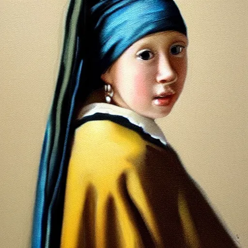 Image similar to a portrait of a young girl wearing a pearl earring. The girl is looking over her shoulder at the viewer with a sly expression on her face. naturalistic style with soft, muted colors. The girl's face is the only part of the painting that is in sharp focus. The rest of the painting is done in a soft, blurry style. The girl's face is lit from the left, creating a soft, halo-like effect around her head. The pearl earring is the only source of light in the painting. an oil tronie painting by Johannes Vermeer.