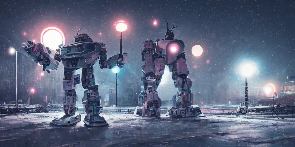 Image similar to a giant robot, megastructure, in a snowy land, photorealistic, neon light