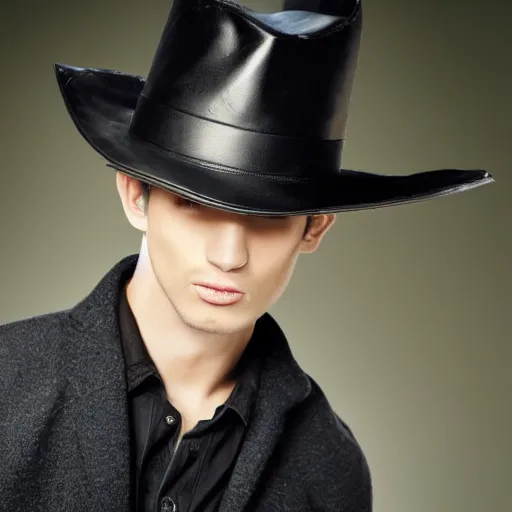 Image similar to a male model wearing a black leather hat, frontal view, cool looking