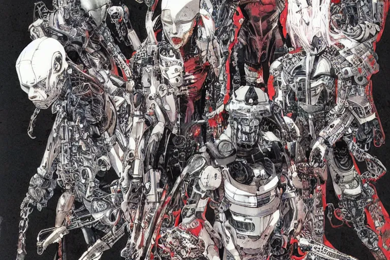 Image similar to cyborg bounty hunters, a color illustration by tsutomu nihei, tetsuo hara and katsuhiro otomo