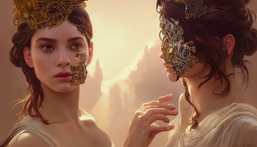 Prompt: masked, perfectly-centered-Portrait of the most beautiful woman on the planet , intricate, highly detailed, digital painting, artstation, concept art, smooth, sharp focus, illustration, Unreal Engine 5, 8K, art by artgerm and greg rutkowski and alphonse mucha