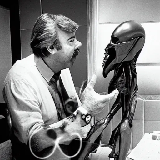 Image similar to old film photography of jaime maussan and a real alien having a conversation