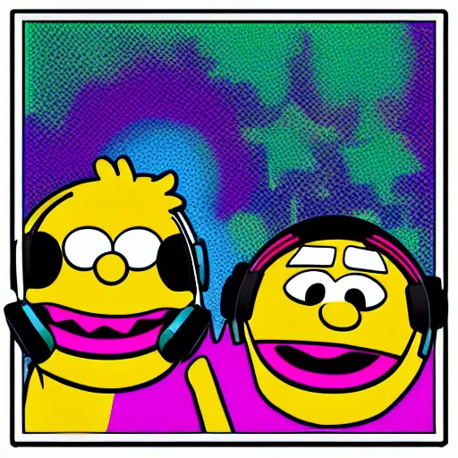 Prompt: svg sticker of a Pop-Wonder Bert&Ernie, Sesame-Street, at a rave, spinning records, giant headphones rocking out, wearing headphones, huge speakers, dancing, rave, DJ, spinning records, digital art, amazing composition, rule-of-thirds, award-winning, trending on artstation, featured on deviantart