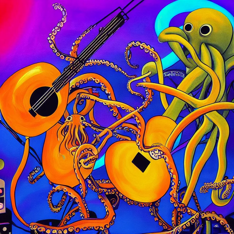 Image similar to a beautiful painting by robbie trevino of a couple of octopus playing drums and telecaster guitar in an electronic concert, touch designer projection background, concert light, dark mood, warm lights