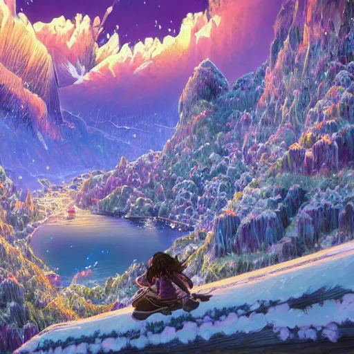 Image similar to the aesthetic view of the beautiful, grand, wistful, dreamy snowcapped mountain at dusk, hyperrealistic anime illustration by iralki nadar, colorful, extremely detailed, intricate linework, super sharp focus, bright colors, octopath traveler, studio ghibli, unreal engine 5 highly rendered, global illumination, radiant light, detailed and intricate environment