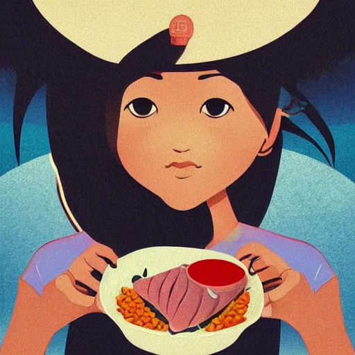 Prompt: indian girl feeding a tuna, clean cel shaded vector art. shutterstock. behance hd by lois van baarle, artgerm, helen huang, by makoto shinkai and ilya kuvshinov, rossdraws, illustration, studo ghibli, wide shot, panoramic