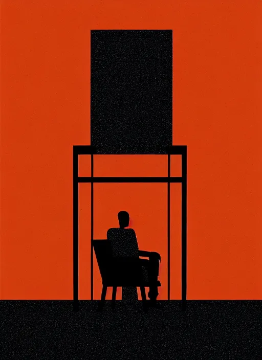 Prompt: (((habitat 67 on fire))), portrait of a lone man sitting in a chair, Mads Berg, Karolis Strautniekas, James Yang, Brutalism, Constructivist, film noir, stippled light, dramatic lighting,editorial illustration, detailed, matte print, dark orange black white red