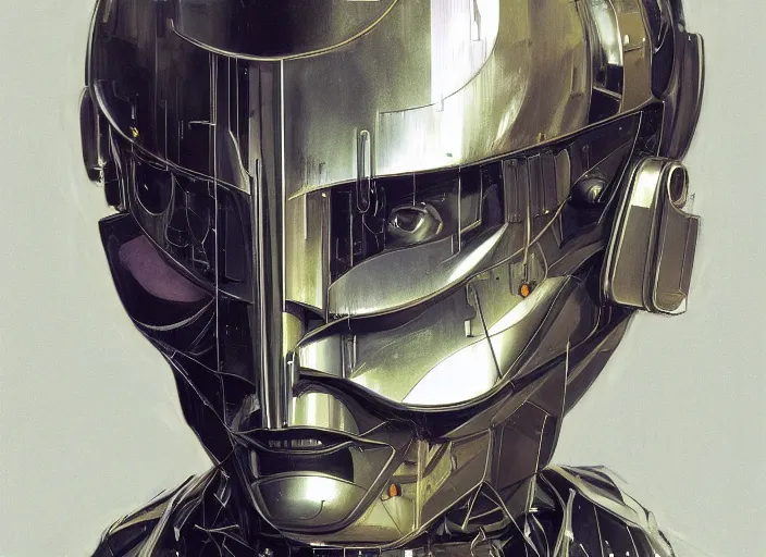 Image similar to a portrait of cyber - dog of sci fi metallic human by yoji shinkawa bright eyes, melancholic complex geometric figure liminal machinery by oskar schlemmer, moebius, john berkey, film grain, oil on canvas, portrait facial head, featured on artstation, hd wallpaper, 8 k