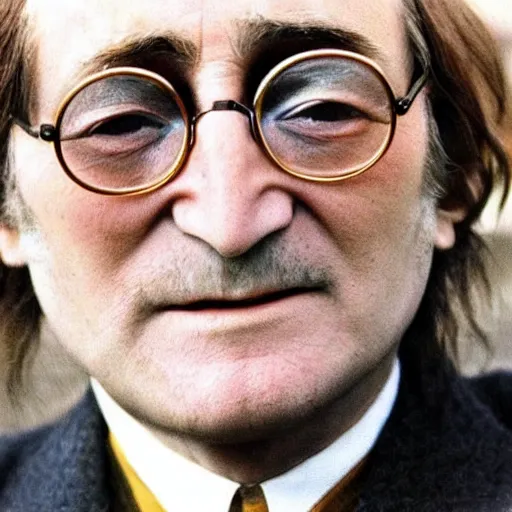 Image similar to A colored colorized real photograph of old John Lennon as an old man in his eighties with short hair in the 2010s, Old John Lennon, taken in the early 2020s, taken on a 2010s Camera, realistic, hyperrealistic, very realistic, very very realistic, highly detailed, very detailed, extremely detailed, detailed, digital art, trending on artstation, headshot and bodyshot, detailed face, very detailed face, very detailed face, real, real world, in real life, realism, HD Quality, 8k resolution, intricate details, colorized photograph, colorized photo, John Lennon as an old man with short hair, old, old man