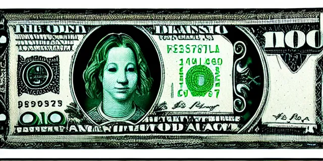 Image similar to a $10 bill, green ink etching, extremely detailed, Jennifer Lawrence