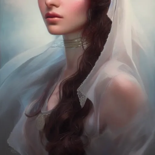 Image similar to ameera al taweel, crystal blue eyes, long wavy black hair, white veil, front closeup, cinnamon #b57e59 skin color, highly detailed, centered, oil painting, artstation, concept art by tom bagshaw