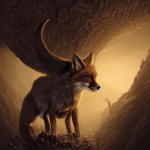 Image similar to photorealistic demonic fox in the style of michael whelan and gustave dore. hyperdetailed photorealism by greg rutkowski. 1 0 8 megapixels, 3 d finalrender, cinematic lighting