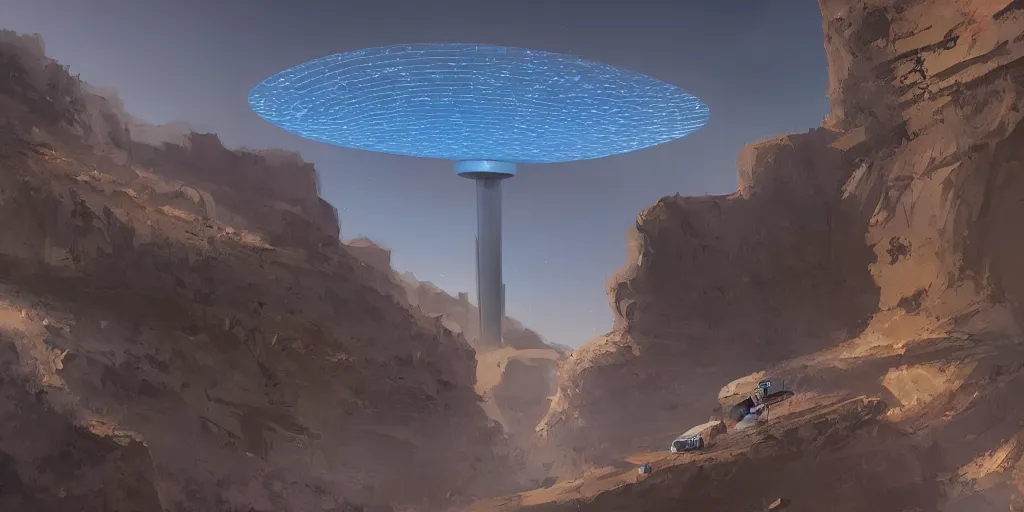 Prompt: a huge futuristic radar in a canyon, desert, night, waiting, James Paick, artstation