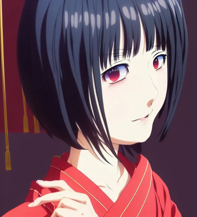 Image similar to anime visual, portrait of a japanese woman in traditional clothes outside a temple, cute face by ilya kuvshinov, yoshinari yoh, makoto shinkai, katsura masakazu, dynamic perspective pose, detailed facial features, kyoani, rounded eyes, crisp and sharp, cel shad, anime poster, ambient light