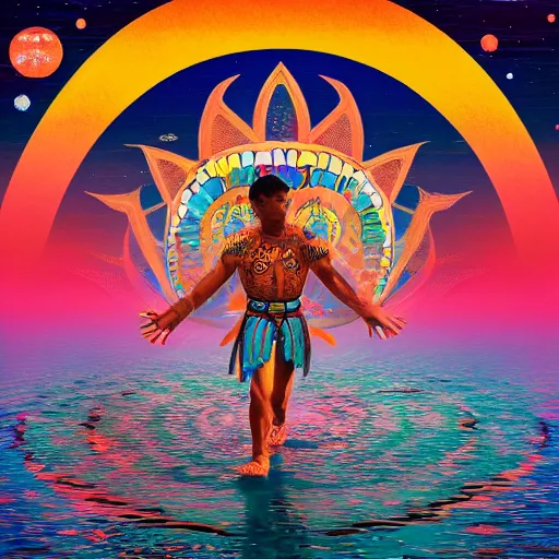 Prompt: a mayan warrior walking on water under the stars by takashi murakami, beeple and james jean, aya takano color style, 4 k, super detailed