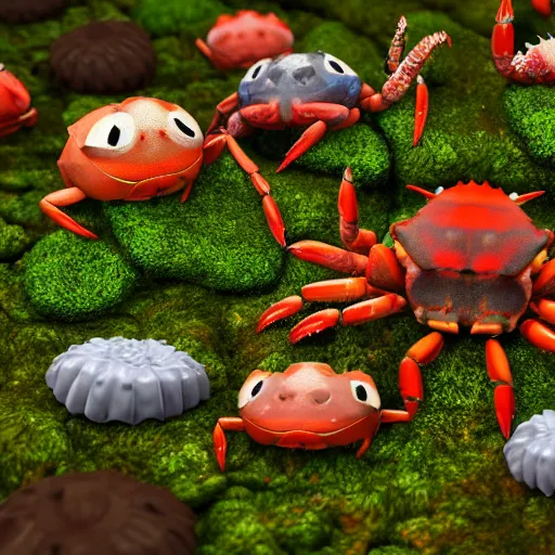 Image similar to large group of crabs and worms, crawling along a bed of moss, low poly, creeper world, handcrafted, artstation, hyperrealistic, hard light, best practices, creeptastic, photorealism, macro perspective, cuddly, Voidless of the Festival!