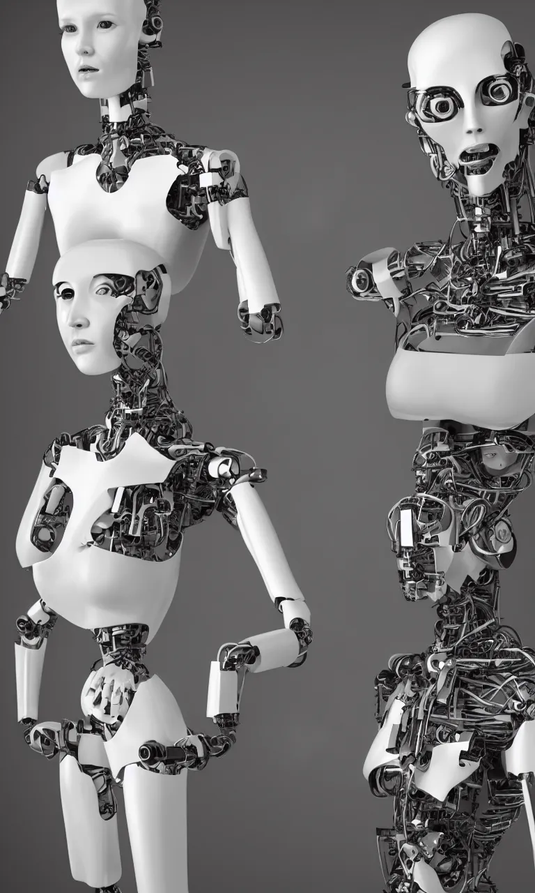 Image similar to full body photo of a woman with human face and robot body, robot body, steel body, human face, cyborg body