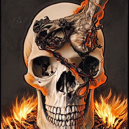 Prompt: human skull on fire, held by the rotten decayed hands of a human, cinematic, by greg rutowski, by greg rutkowski, by stanley artgerm, by alphonse mucha