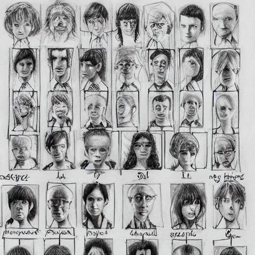 Image similar to pencil drawing bunch of charachters from harry potter looking at each other