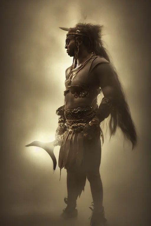 Image similar to hyper realistic | dim light | blurred background | dark fantasy | portrait | seasoned warrior | wlop