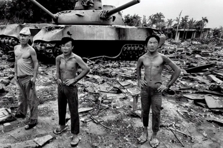 Prompt: a photo of a two mans posing in front of tank in destroyed vietnamese city, us journalism ministry photo, 1 9 6 9, fim still
