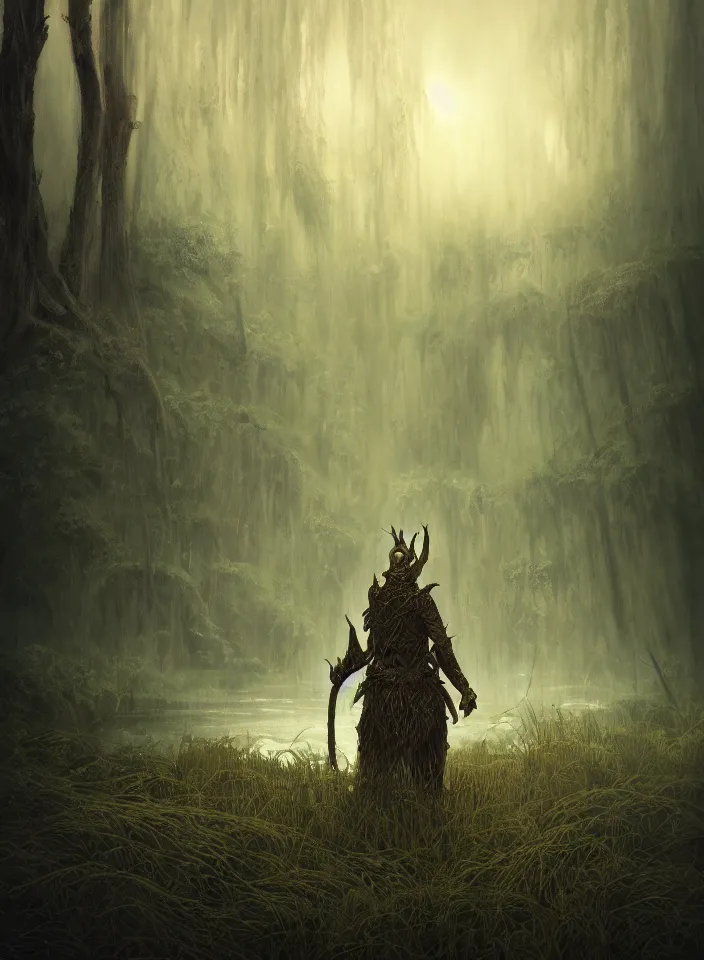 Image similar to a portrait of an onodrim ent guarding the marshy swamps from skyrim, fantasy setting, serene environment, serene colors, soft lighting, atmospheric, cinematic, moody, in the style of diego koi, gina heyer, luiz escanuela, art by alyssa monk, hyperrealism, rule of thirds, golden ratio, oil on canvas, 8 k