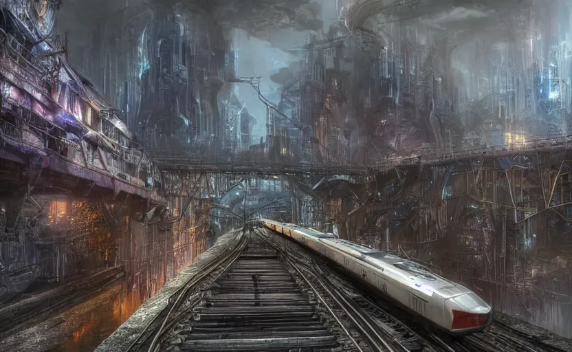 Image similar to An urban train rides inside of a waterway on a fantasy city, hyperrealistic mixed media, stunning 3d render inspired art by P. Craig Russell and Barry Windsor-Smith + perfect facial symmetry + dim volumetric lighting, 8k octane beautifully detailed render, post-processing, extremely hyperdetailed, intricate futuristic mechanic parts, epic composition, grim yet sparkling atmosphere, cinematic lighting + masterpiece, trending on artstation