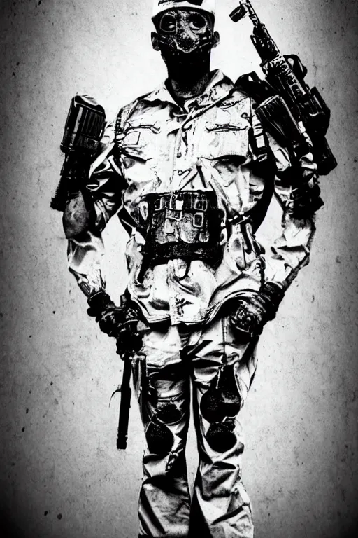 Image similar to a paranormal soldier, mystical tattoos, emp weapons strapped in shoulders, horror sci - fi black and white poster