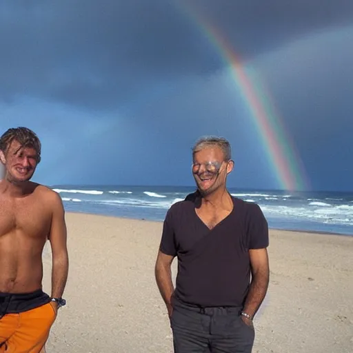 Image similar to two men on a beach wearing n 9 5 s, with a rainbow in the background, photograph