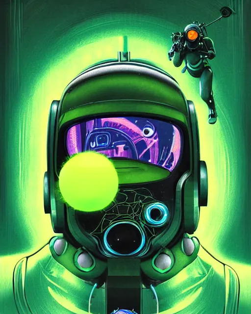 Prompt: tennis ball monster overwatch, see through glass hologram mask, character portrait, portrait, close up, concept art, intricate details, highly detailed, vintage sci - fi poster, retro future, vintage sci - fi art, in the style of chris foss, rodger dean, moebius, michael whelan, and gustave dore