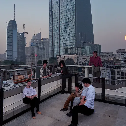 Image similar to a small rooftop with a couple of people sitting and watching the view, wearing black modern clothes, modern shanghai bund is on the background, sunset, by gregory crewdson, smog