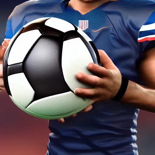 Prompt: american football player holding a soccer ball, 8 k, unreal engine, hyperrealistic