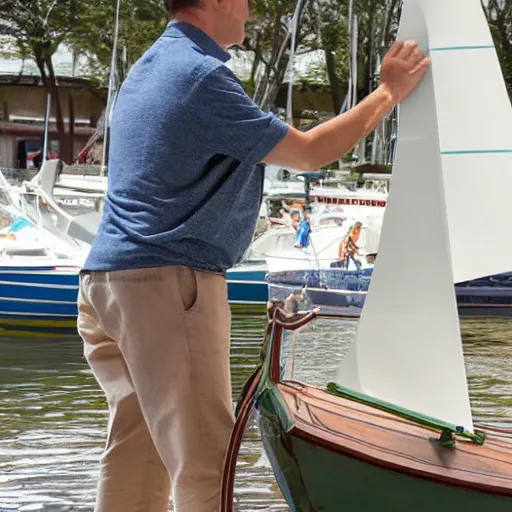 Prompt: model sail boat being sailed by a man