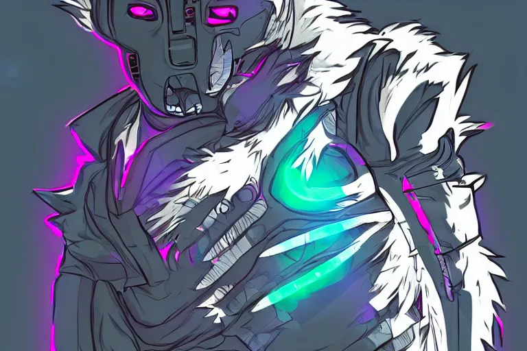 Image similar to a cyberpunk anthropomorphic wolf with a fluffy tail, comic art, trending on furaffinity, cartoon, kawaii, backlighting, furry art!!!, neon, concept art