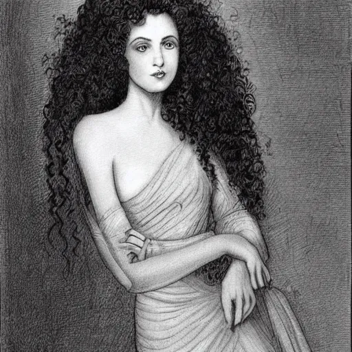 Image similar to a black and white drawing of a woman with long curly hair using a dress