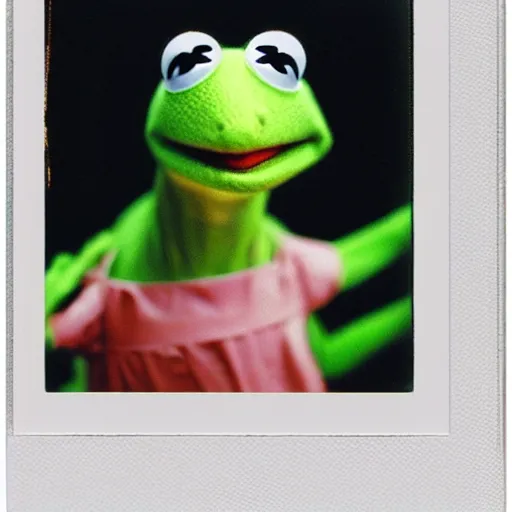 Prompt: Kermit the fish, polaroid photo, instax, white frame, by Warhol,