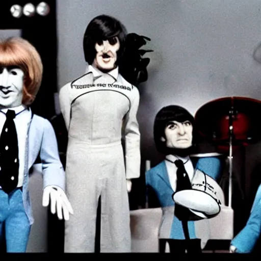 Image similar to stills from puppets movie by gerry anderson about the beatles, that band, vintage film, 1 9 6 0 s