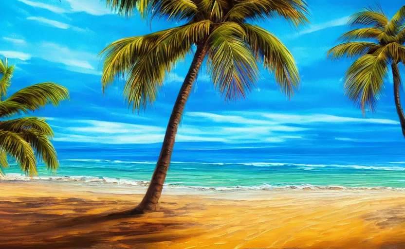 Prompt: A beautiful award winning painting of a tropical beach with palm trees and a wavy blue ocean trending on artstation vibrant color scheme lots detail 4k ultra HD at sunrise