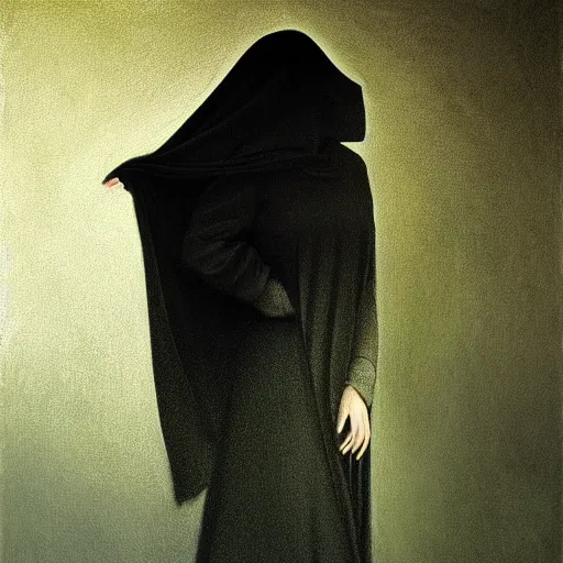 Prompt: a portrait of a young woman wearing a long dark cloak, hood and shadows covering face, anatomically correct, beautiful perfect face, enigmatic, oil painting, matte painting, black background, Volumetric Golden dappled dynamic lighting, Highly Detailed, Cinematic Lighting, Unreal Engine, 8k, HD, by Beksinski