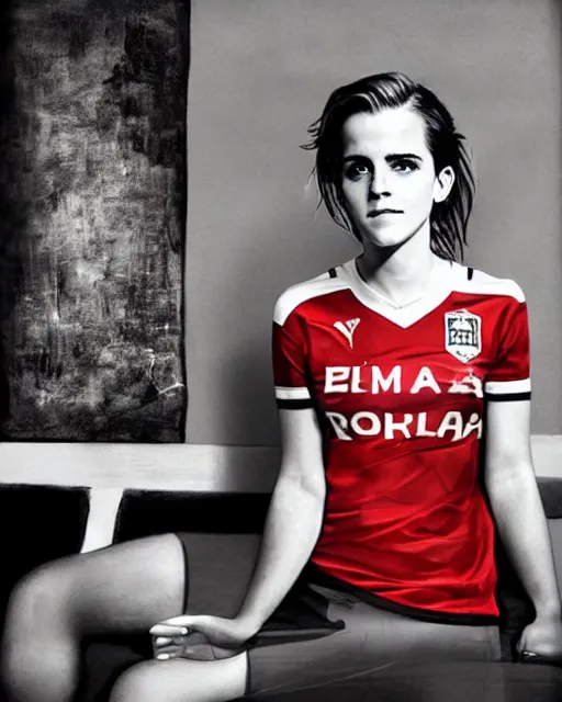 Image similar to a portrait of emma watson wearing lokomotiv football shirt, hyper realistic