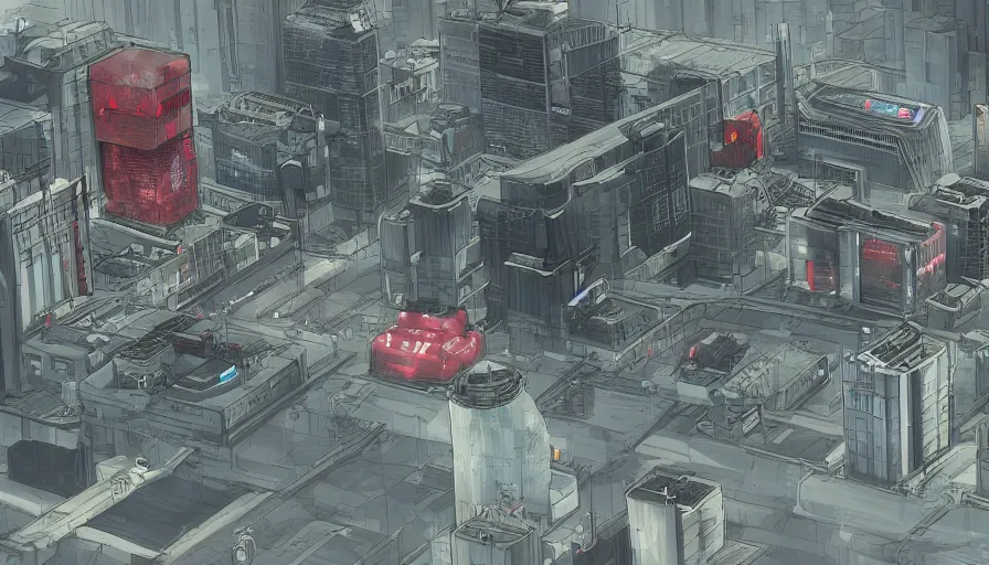 Image similar to Concept Art Illustration of neo-Tokyo Bank Headquarters Map, in the Style of Akira, Syndicate Corporation, Anime, Dystopian, Highly Detailed, Helipad, Special Forces Security, Blockchain Vault, Searchlights, Shipping Docks, For multiplayer Stealth fps bank robbery simulator, Unreal engine 5, Akira Color Palette, Inspired by MGS2 + Ghost in the shell SAC + Cowboy Bebop, 8k :4 by Arc System works + Katsuhiro Otomo : 8