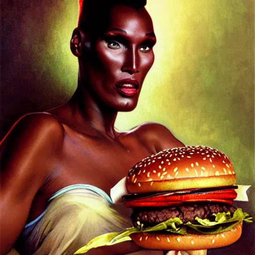 Prompt: painted portrait of ( grace jones ) eating giant hamburgers, mature, handsome, fantasy, intricate, elegant, highly detailed, digital painting, artstation, concept art, sharp focus, illustration, illumination, holy ethereal light, art by gaston bussiere and alphonse mucha