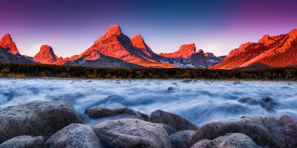 Prompt: award winning landscape photography of wyoming rocky mountains, wide angle, morning light