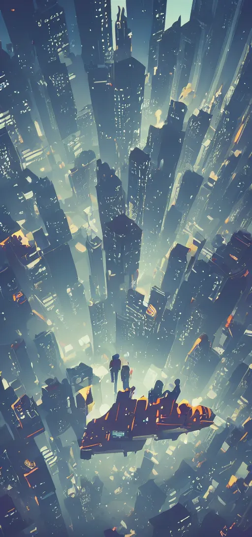 Image similar to people falling from the sky in a night city